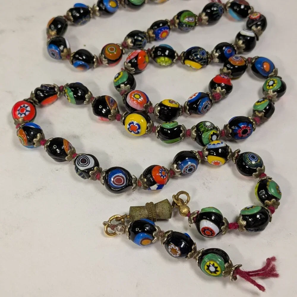 Vintage Millefiori Glass (52) BEADS Double Sided Handmade Multi Colored